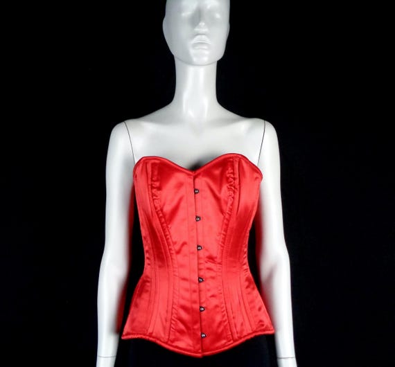 Red Sateen Tie-Up Corset: Evening Party Top, Buster Cage Bra Lingerie Boudoir Formal Gift