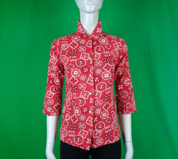 Vintage Retro Clothing Apparel H Bar C Button Shirt Top Blouse 1950s 1960s Mid Century California Western Ranchwear Red Patch Work Folk Gift