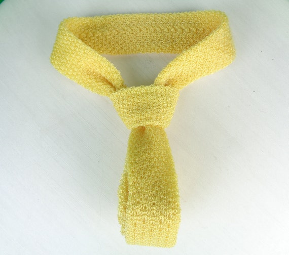 Vintage Retro Self Necktie Suit Accessorie 1930s 40s Cravat Lemon Yellow Boucle Rayon Knit Satin Stretch Wedding Party Formal Evening Gift