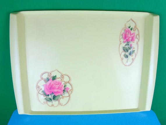 Vintage Mid Century Serving Tray: Yellow Polysar Pink Roses 50s-60s Vanity Perfume Decor
