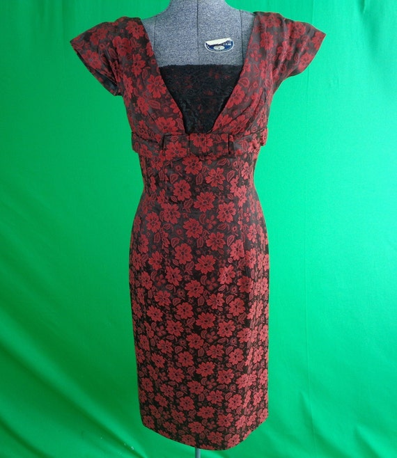 Vintage Retro Clothing Sheath Pencil Dress 1940s 1950s Mid Century Red Black Floral Lace Med Junior Vogue Wedding Party Evening Formal Gift