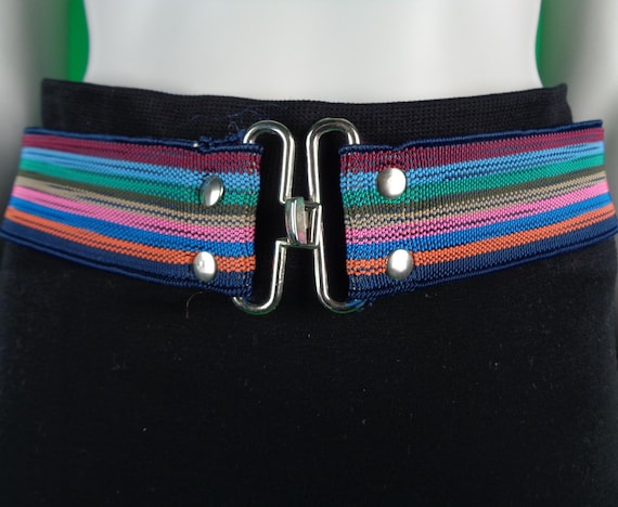 Vintage Retro Accessorie Stretch Elastic Stripe Belt 1970s 80s Small Medium Blue Green Pink Orange Wedding Party Formal Evening Casual Gift