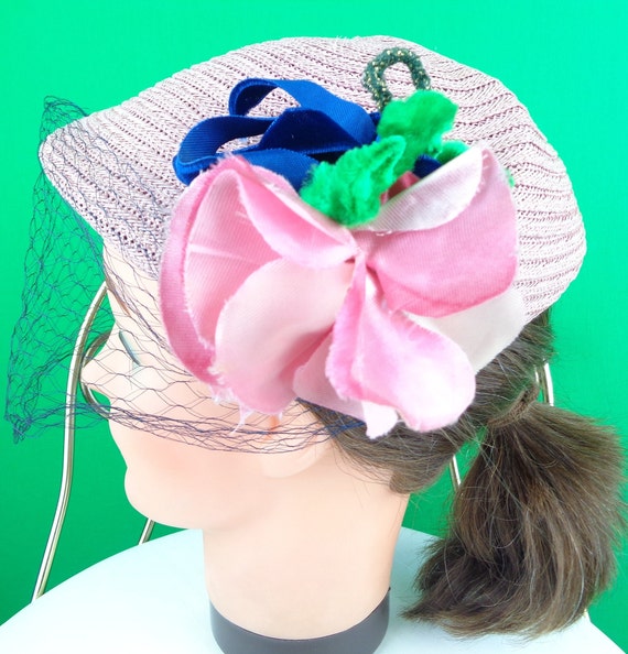 Vintage Retro Millinery Straw Raffia Half Mini Hat 1950s 1960s Mid Century Floral Powder Pink Wedding Party Formal Evening Gift Accessorie