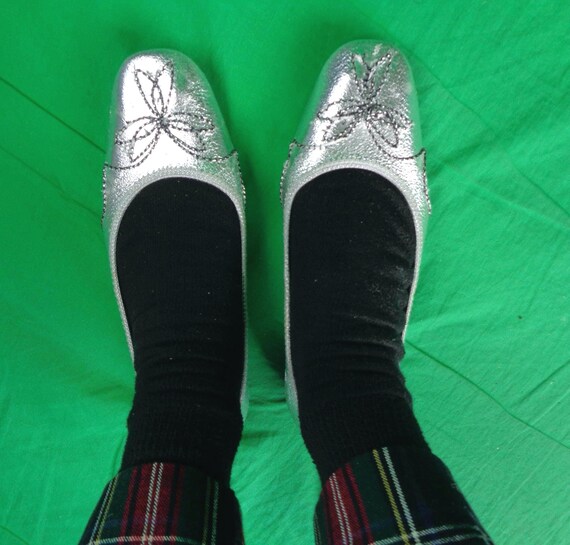 Vintage Retro Silver Ballet Flats Slides Shoes Footwear 1950s 60s Mid Century CA US 5 1/2 Fits 6 Wedding Party Evening Formal Casual Gift