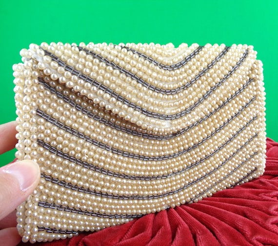 Vintage Beaded Clutch: 1940s Faux Pearl & Cream Gray Satin Evening Bag White Gift Accessory