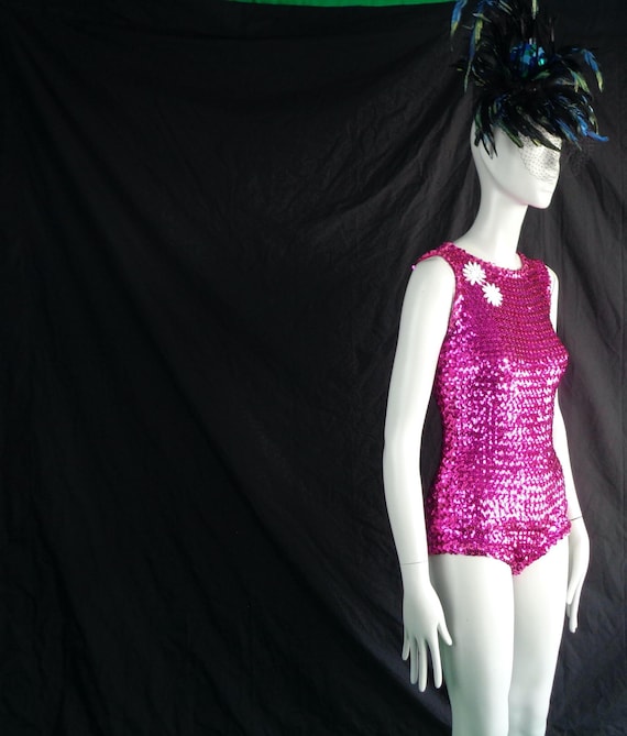 Vintage Fuchsia Beaded Dance Party Costume 1950s Pink Sparkly Evening One Piece Body Suit