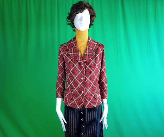 Vintage Plaid Blazer Jacket: 1970s Tartan Check, College Girl Brand Red Green Yellow Gift