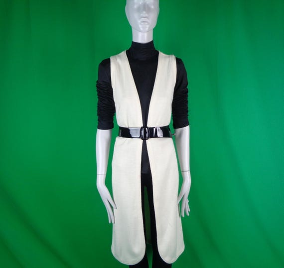 Vintage Retro Clothing Duster Cardigan Sweater Long Ivory Cream 1940s 50s Mid Century Medium Wool Knitwear Wedding Casual Gift Golden Spider