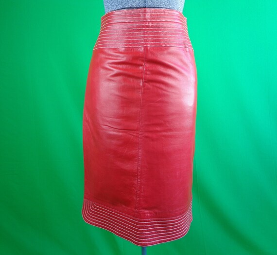Vintage Retro Clothing Charles Jourdan Paris France Pencil Skirt 1970s 1980s XS Small Designer Red Leather Wedding Party Formal Evening Gift