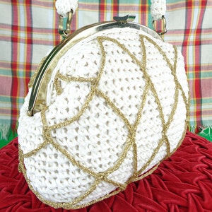 Vintage Retro Accesorio bolso de paja bolso embrague 1950s 1960s mediados de siglo mango superior oro blanco rafia ratán boda fiesta regalo formal