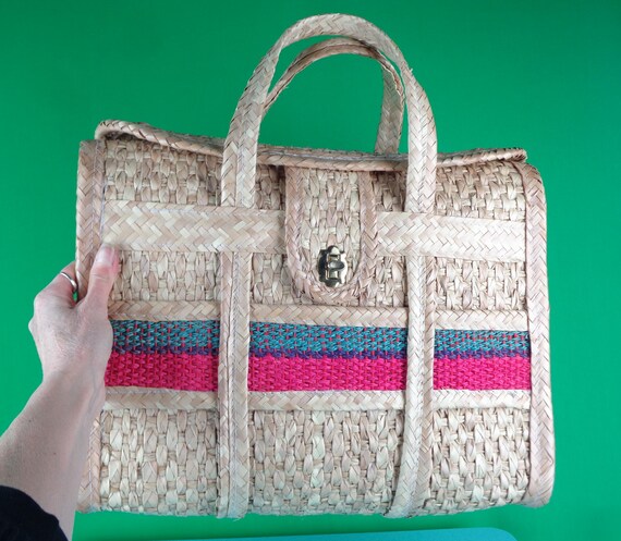 Vintage Retro Large Straw Rattan Handbag Top Handle Purse 1960s 1970s Wedding Party Evening Casual Market Beach Travel Carry On Gift