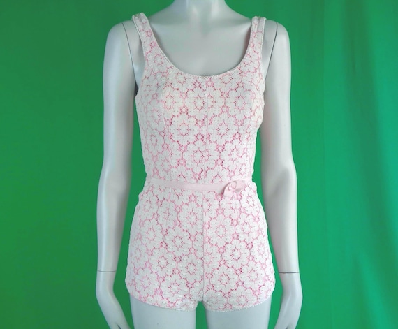 Vintage Retro Handmade Clothing Apparel Romper Body Swimwear Bathing Playsuit 50s 60s Mid Century Pink White Lace XS Coast Beach Party Gift