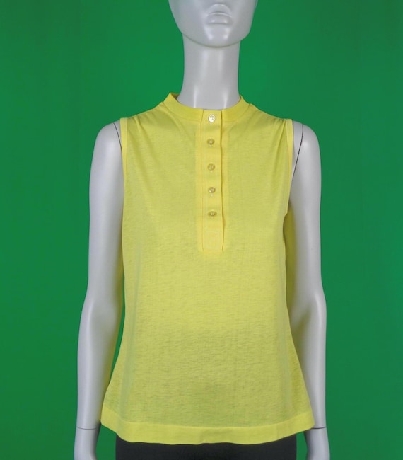 Vintage Retro Clothing Apparel Pullover Top Tee Button Shirt Blouse 1970s 1980s Lemon Yellow Cotton L Sport Tennis Golf Athletic Casual Gift