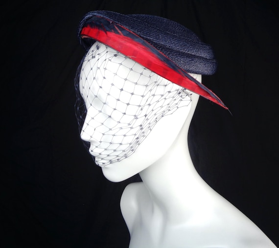 Vintage 1940s Blue Red Feather Veil Hat by Duby HATS New York Straw Capulet