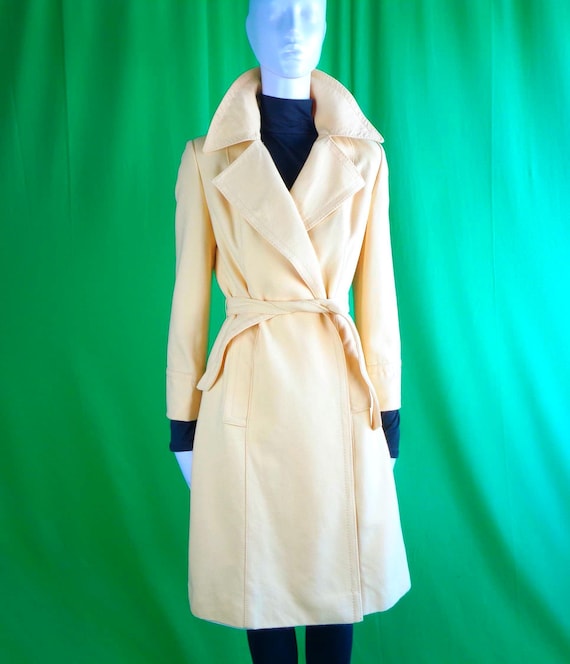 Vintage Retro French Designer Trench Coat: 1960s-70s Pastel Yellow Belted Jacket Gift Size Small
