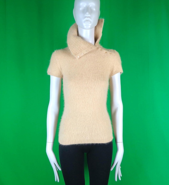 Y2K Clothing Apparel Lechateau French Pullover Button Sweater Angora Beige Top Blouse Shirt XS Wedding Party Evening Formal Casual Gift