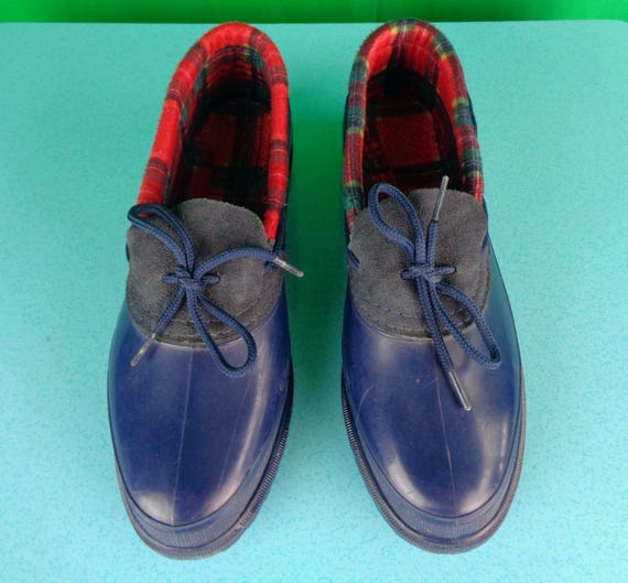 Vintage Retro Rain Snow Ankle Rubber Duck Tie Shoes Slides Flats Footwear 1980s 1990s CA US 8 Navy Blue Red Green Plaid Tartan Casual Gift