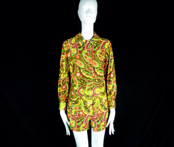 Vintage 60s Paisley Cotton Romper - Handmade Geometric Playsuit Jumpsuit Yellow Green Orange Brown Clothing