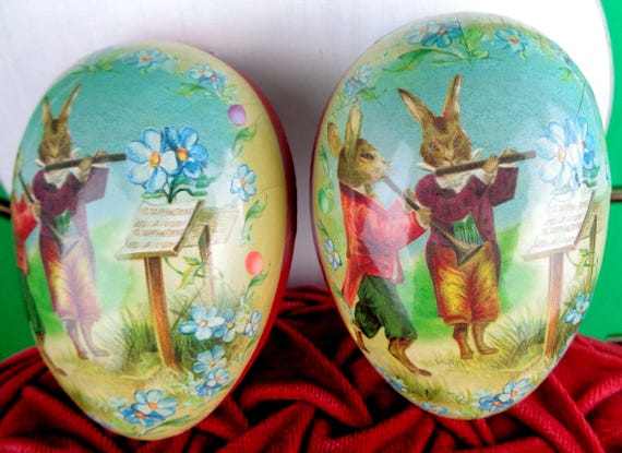Vintage Retro Collectible West Germany Paper Easter Egg Rabbits Musician Echt Erzgebridge Storage Container Gift Accent Home Living Decor