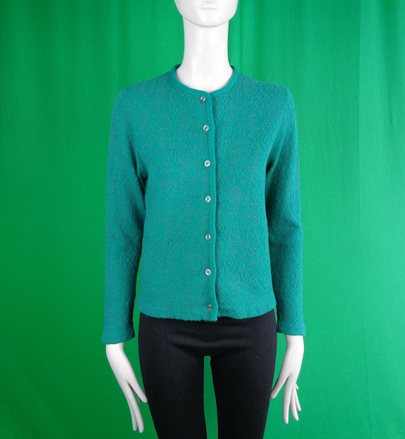 Vintage Retro Clothing Apparel Swiss Jaquard Button Wool Cardigan Sweater Top 50s 60s Mid Century S Wedding Evening Party Formal Casual Gift