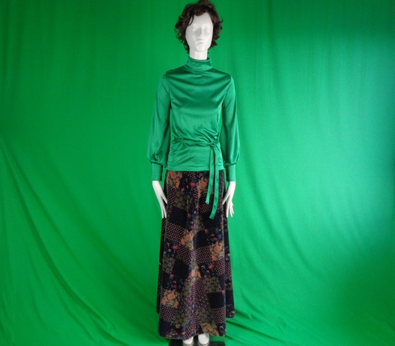 Vintage Retro Clothing Blouse Top Shirt 1960s 1970s Small Barbee Emerald Green Bishop Puff Tie Belt Polyester Mid Century Formal Casual Gift