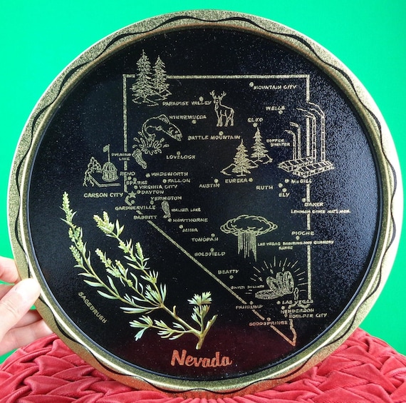 Vintage Retro Nevada Souvenir Decorative Tin Tray Wall Plaque 1960s 70s Collectible Keepsake Memorabilia Wall Hang Home Party Decor Gift