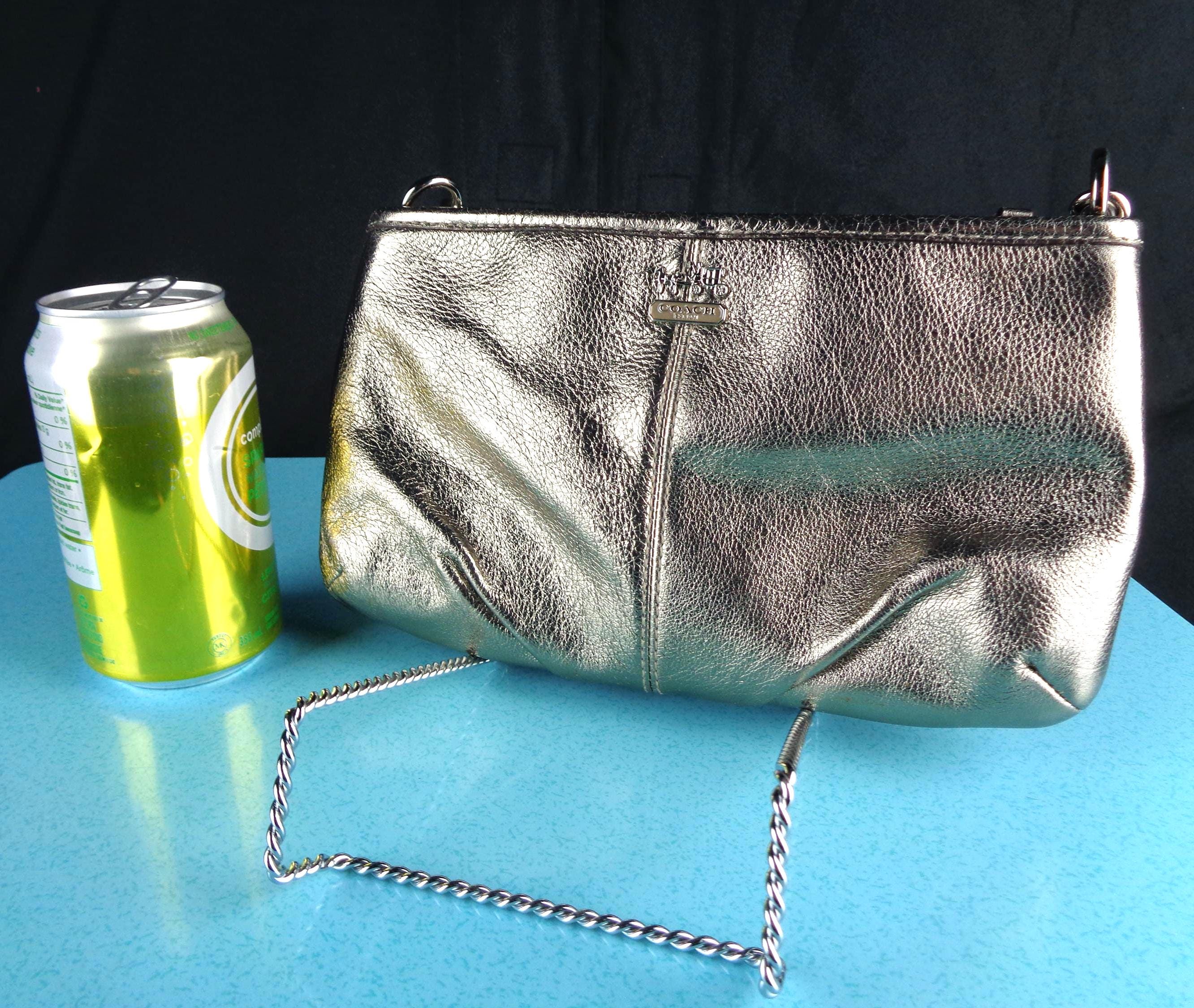 Metallic Leather Coach Clutch Purse, Silver Chain Handle Small