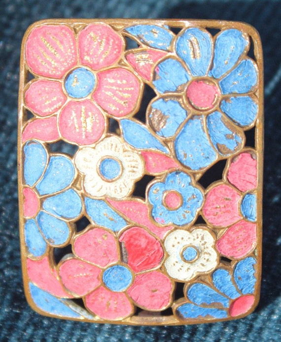 Antique Vintage Accessorie Jewelry Rectangular Brooch Pin 1900s 20s Victorian Edwardian Cold Paint Etched Enamel Brass Pink Blue Floral Gift