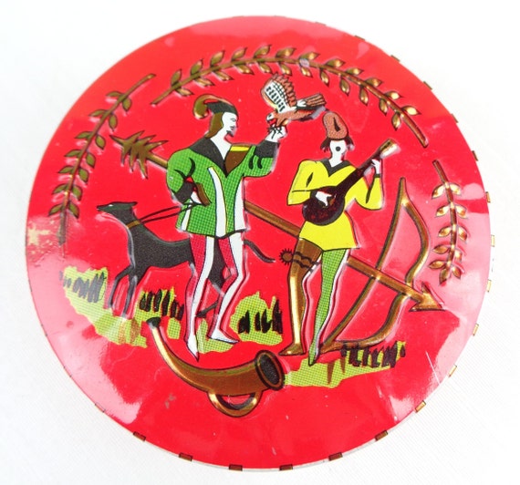 Vintage Embossed Trinket Tin: 1950s-60s Musical Minstrel Scene, Made In England Harlequin Storage Container