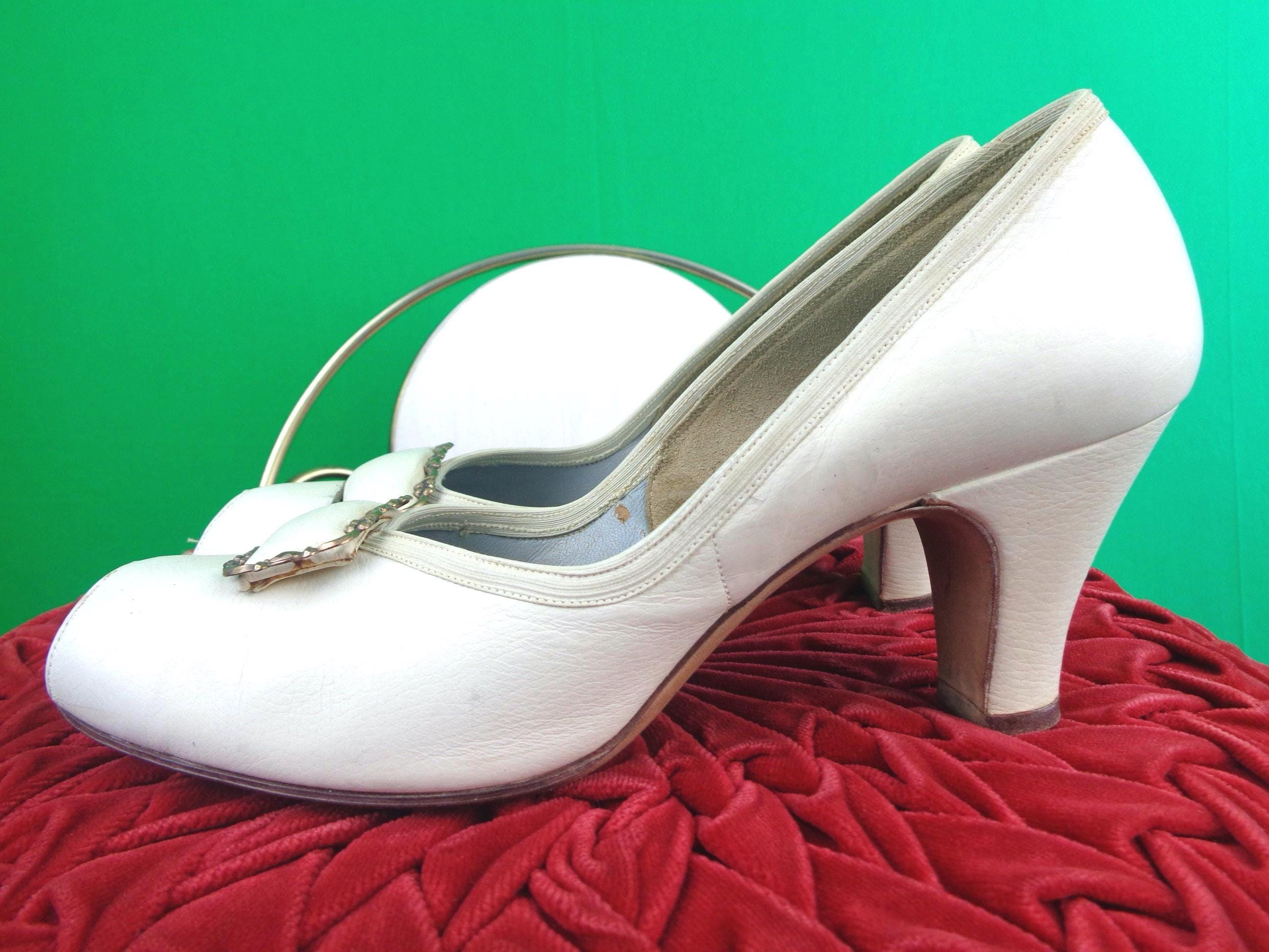 Vintage Leather Womens Rare Shoes Original 1940s-50s Peep Toe Pumps,…