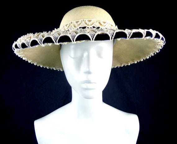 Vintage 1940s Maybrook Straw Sun Hat, Ivory & Navy Velvet Lace Scarlet Gift Accessory
