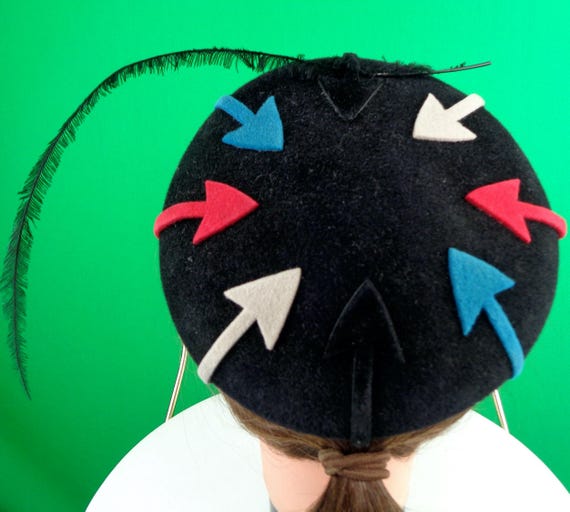 Vintage Holt Renfrew Half Mini Base Hat: 40s-50s Mid Century Black Feather Red Blue Gray Arrow Gift