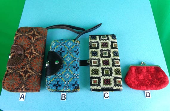 Vintage Retro Tapestry Wallets: 1960s Mid Century Clutch Coin Purse Gift Accessorize Brown Blue