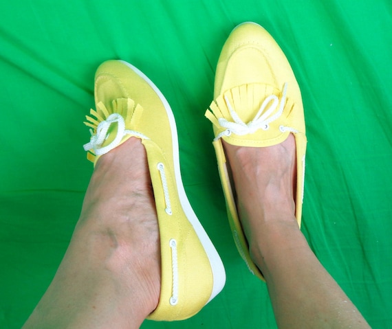 Vintage Retro Tender Tootie's Yellow Elevated Loafers Footwear Tie Shoes Flats Slides 1970s 80s CA US 8 Canvas Tennis Golf Boat Casual Gift