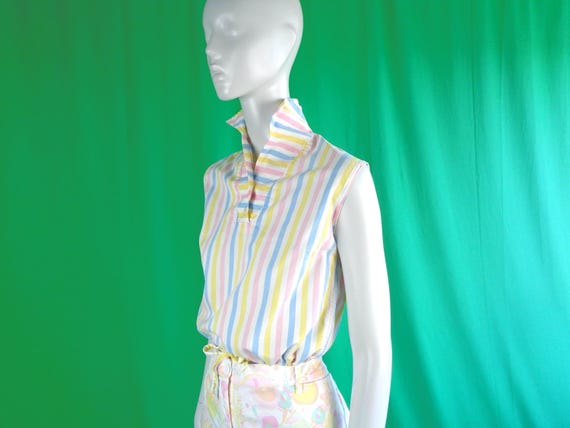 Vintage Retro Clothing Apparel Pullover Cotton Sun Crop Top Shirt Blouse 1940s 1950s Mid Century S Stripe Pastel White Yellow Blue Pink Gift
