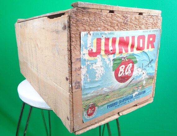 Vintage Retro Wood Apple Fruit Crate Box Bin 1950s 1960s Canada BC Junior Label Medium Storage Organization Home Room Decor Collectible Gift