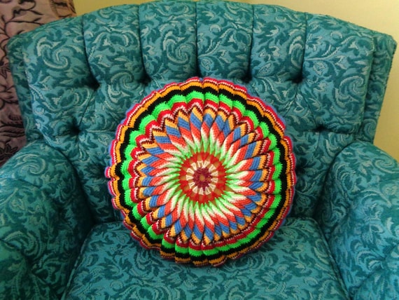 Vintage Rainbow Granny Knit Throw Pillow: Striped Accent Cushion 1960s-70s Chair Sofa Decor Handmade