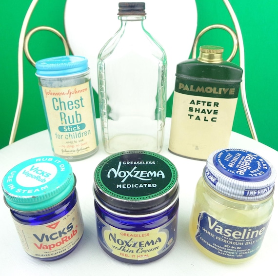Vintage Antique Retro 20s Medicine 50s Johnson Chest Rub Vaseline 40s Palmolive After Shave Talc 30s Noxzema Skin Cream Bottles Collect Gift