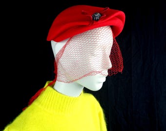 Vintage Lipstick Red Half Veil Hat, 1950s Party Capulet Mid Century Formal Accessory Gift