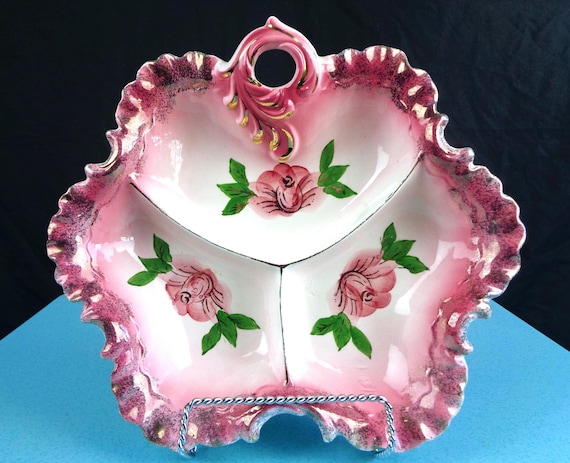 Vintage Pink Rose Candy Dish: 1950s Japan Trinket Centerpiece Mid Century Accent Decor Gift