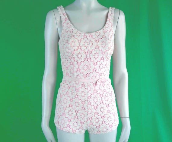 Vintage 50s/60s Lace Romper: Pink & White Playsuit, XS Mid Century Handmade Bathing Swimwear