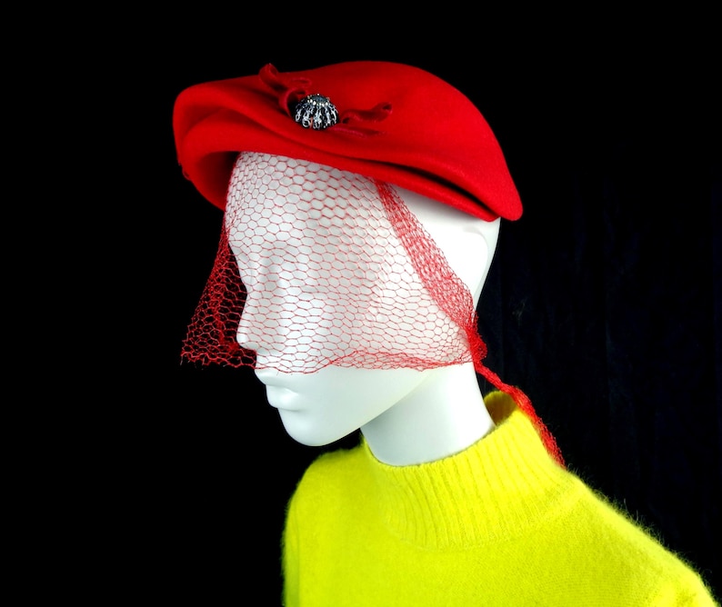 Vintage Lipstick Red Half Veil Hat, 1950s Party Capulet Mid Century ...