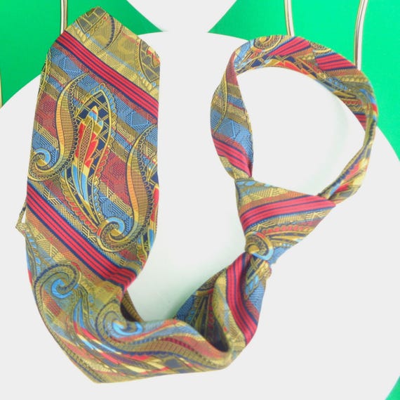 Vintage Retro Oleg Cassini Self Necktie: 50s-60s Paisley Stripe, Unisex Gift Red Blue Yellow