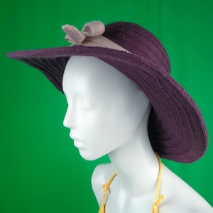 Vintage Retro style LG Chapel Fold Brim Sun Hat Purple Violet Bow Wedding Formal Evening Casual Minimalist Gift 22 1/2" Accessorize