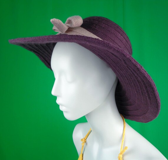 Vintage Retro style LG Chapel Fold Brim Sun Hat Purple Violet Bow Wedding Formal Evening Casual Minimalist Gift 22 1/2" Accessorize
