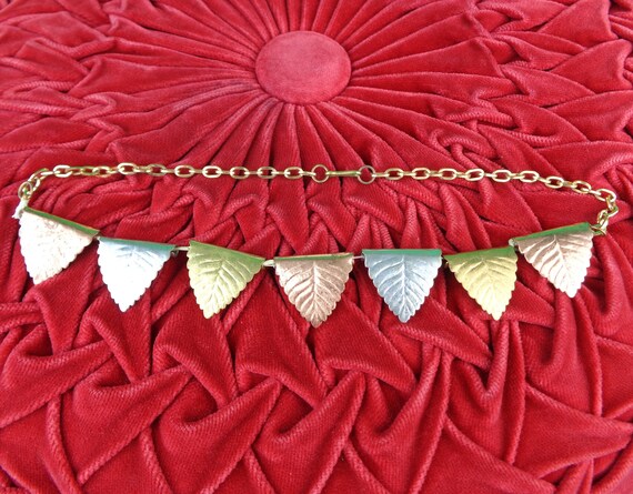 Vintage Leaves Chain Link Choker Necklace Jewelry 1930s 40s Brass Gold Silver Copper Tone Wedding Party Evening Minimalist Accessorize Gift