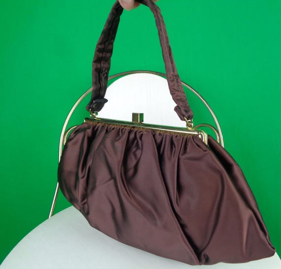 Vintage Retro Accessorie JR Purse Handbag Top Clutch 1950s 1960s Mid Century Brown Black Orange Ivory Liquid Satin Money Pouch Formal Gift