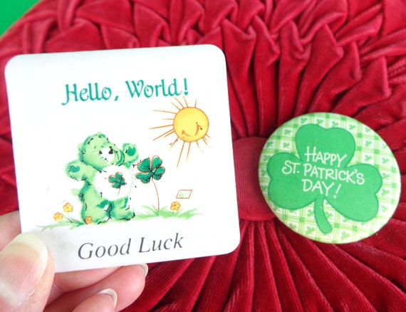 Vintage Retro Pin Badge Fridge Magnet Hallmark Care Bears Shamrock Irish St Patricks Kitchen Home Room Accent Decor Party Seasonal Gift