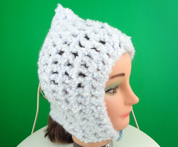Vintage 50s Cable Knit Pixie Hat, Baby Blue Handmade Beanie Capulet Mid Century Accessory