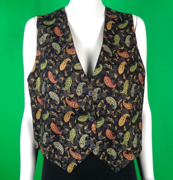 Vintage Retro Handmade Clothing Apparel Reversible Clip Vest 1980s 1990s ML Wedding Party Formal Evening Casual Gift Petal Paisley Leaves